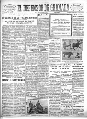 'El Defensor de Granada  : diario político independiente' - Año XLVIII Número 24567 Ed. Mañana - 1926 Septiembre 14