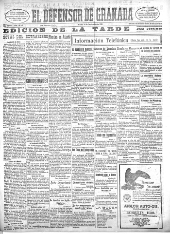 'El Defensor de Granada  : diario político independiente' - Año XLVIII Número 24568 Ed. Tarde - 1926 Septiembre 14