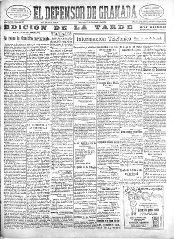 'El Defensor de Granada  : diario político independiente' - Año XLVIII Número 24570 Ed. Tarde - 1926 Septiembre 15