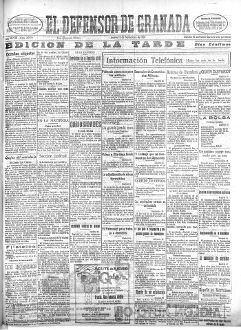 'El Defensor de Granada  : diario político independiente' - Año XLVIII Número 24572 Ed. Tarde - 1926 Septiembre 16