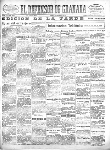 'El Defensor de Granada  : diario político independiente' - Año XLVIII Número 24574 Ed. Tarde - 1926 Septiembre 17