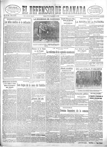 'El Defensor de Granada  : diario político independiente' - Año XLVIII Número 24575 Ed. Mañana - 1926 Septiembre 18