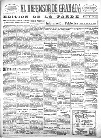 'El Defensor de Granada  : diario político independiente' - Año XLVIII Número 24576 Ed. Tarde - 1926 Septiembre 18