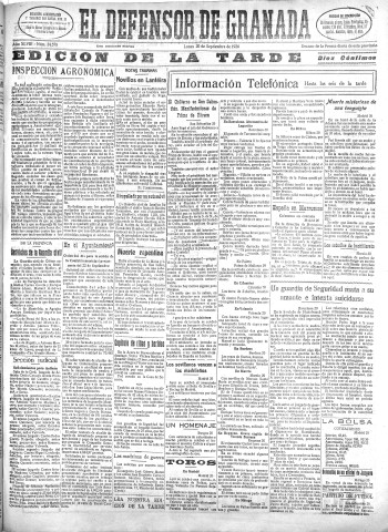 'El Defensor de Granada  : diario político independiente' - Año XLVIII Número 24578 Ed. Tarde - 1926 Septiembre 20