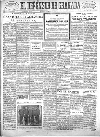 'El Defensor de Granada  : diario político independiente' - Año XLVIII Número 24581 Ed. Mañana - 1926 Septiembre 22