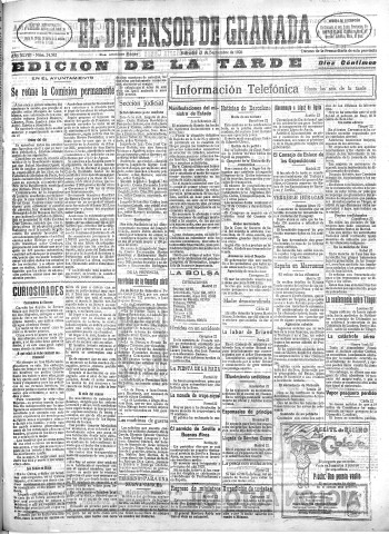 'El Defensor de Granada  : diario político independiente' - Año XLVIII Número 24582 Ed. Tarde - 1926 Septiembre 22