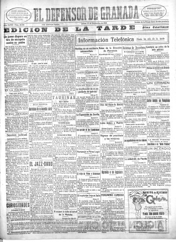 'El Defensor de Granada  : diario político independiente' - Año XLVIII Número 24584 Ed. Tarde - 1926 Septiembre 23