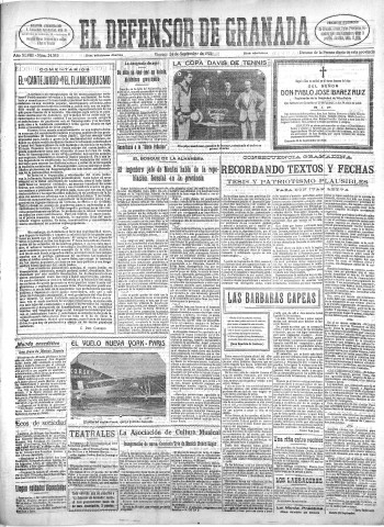'El Defensor de Granada  : diario político independiente' - Año XLVIII Número 24585 Ed. Mañana - 1926 Septiembre 24