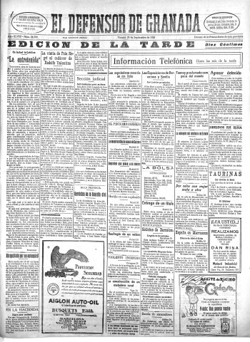 'El Defensor de Granada  : diario político independiente' - Año XLVIII Número 24586 Ed. Tarde - 1926 Septiembre 24
