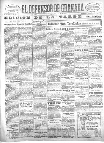 'El Defensor de Granada  : diario político independiente' - Año XLVIII Número 24592 Ed. Tarde - 1926 Septiembre 28
