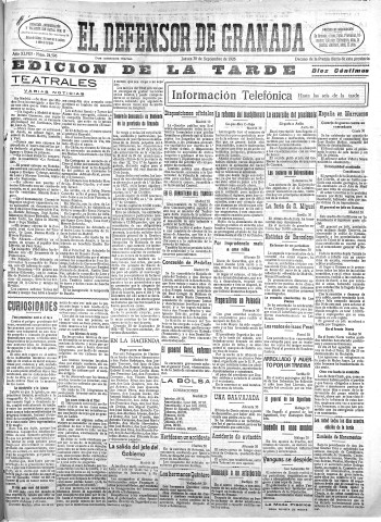 'El Defensor de Granada  : diario político independiente' - Año XLVIII Número 24596 Ed. Tarde - 1926 Septiembre 30