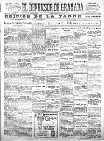 'El Defensor de Granada  : diario político independiente' - Año XLVIII Número 24606 Ed. Tarde - 1926 Octubre 06