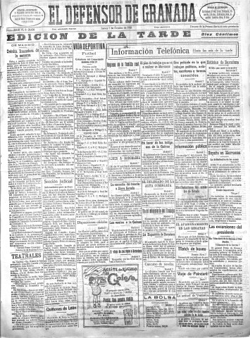 'El Defensor de Granada  : diario político independiente' - Año XLVIII Número 24608 Ed. Tarde - 1926 Octubre 07