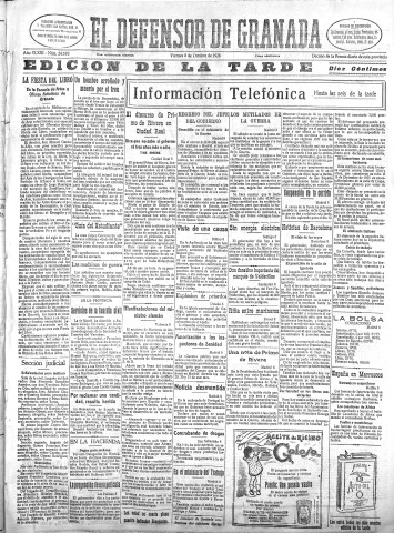 'El Defensor de Granada  : diario político independiente' - Año XLVIII Número 24610 Ed. Tarde - 1926 Octubre 08