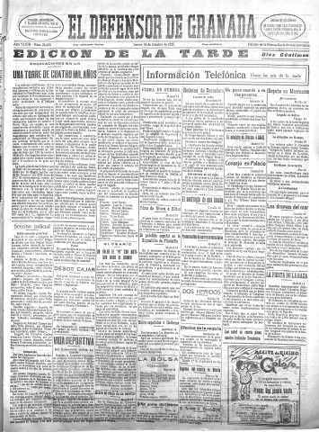 'El Defensor de Granada  : diario político independiente' - Año XLVIII Número 24620 Ed. Tarde - 1926 Octubre 14