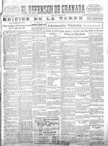 'El Defensor de Granada  : diario político independiente' - Año XLVIII Número 24622 Ed. Tarde - 1926 Octubre 15