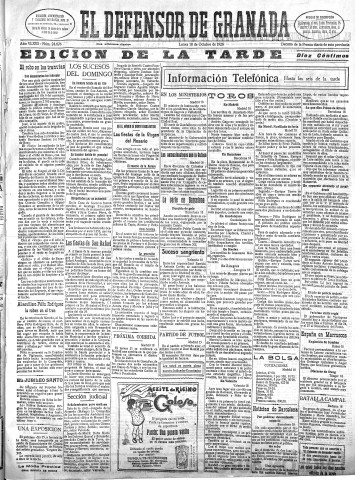 'El Defensor de Granada  : diario político independiente' - Año XLVIII Número 24626 Ed. Tarde - 1926 Octubre 18