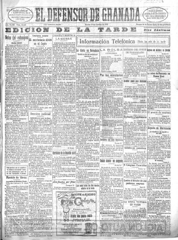 'El Defensor de Granada  : diario político independiente' - Año XLVIII Número 24628 Ed. Tarde - 1926 Octubre 19