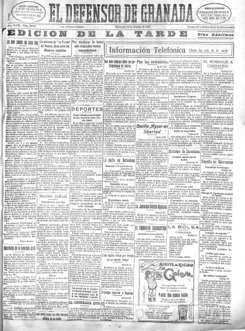 'El Defensor de Granada  : diario político independiente' - Año XLVIII Número 24630 Ed. Tarde - 1926 Octubre 20