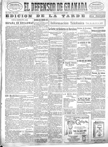 'El Defensor de Granada  : diario político independiente' - Año XLVIII Número 24634 Ed. Tarde - 1926 Octubre 22