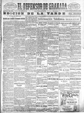 'El Defensor de Granada  : diario político independiente' - Año XLVIII Número 24660 Ed. Tarde - 1926 Noviembre 06