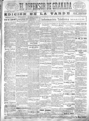 'El Defensor de Granada  : diario político independiente' - Año XLVIII Número 24664 Ed. Tarde - 1926 Noviembre 09