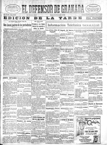 'El Defensor de Granada  : diario político independiente' - Año XLVIII Número 24676 Ed. Tarde - 1926 Noviembre 16