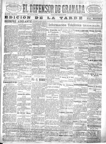'El Defensor de Granada  : diario político independiente' - Año XLVIII Número 24682 Ed. Tarde - 1926 Noviembre 19