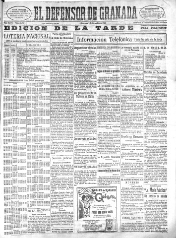 'El Defensor de Granada  : diario político independiente' - Año XLVIII Número 24702 Ed. Tarde - 1926 Diciembre 01