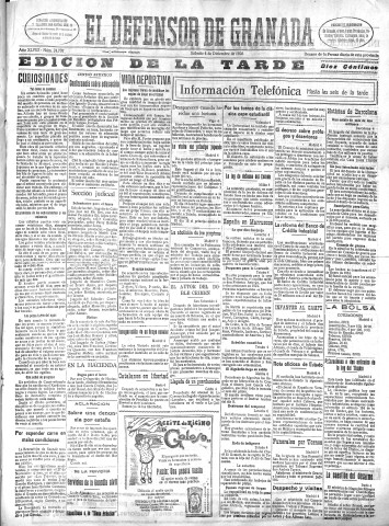 'El Defensor de Granada  : diario político independiente' - Año XLVIII Número 24707 Ed. Tarde - 1926 Diciembre 04