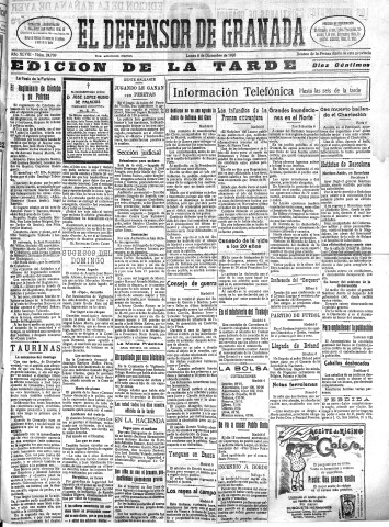 'El Defensor de Granada  : diario político independiente' - Año XLVIII Número 24709 Ed. Tarde - 1926 Diciembre 06
