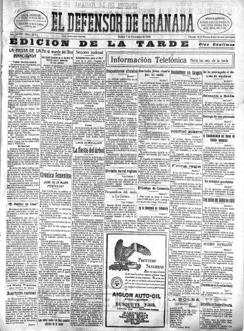 'El Defensor de Granada  : diario político independiente' - Año XLVIII Número 24711 Ed. Tarde - 1926 Diciembre 07