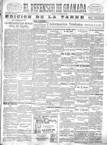 'El Defensor de Granada  : diario político independiente' - Año XLVIII Número 24713 Ed. Tarde - 1926 Diciembre 08