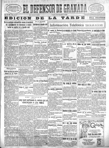 'El Defensor de Granada  : diario político independiente' - Año XLVIII Número 24717 Ed. Tarde - 1926 Diciembre 10