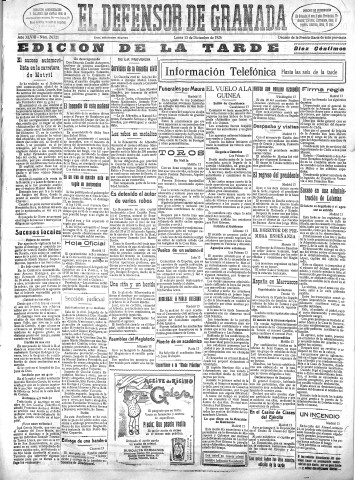 'El Defensor de Granada  : diario político independiente' - Año XLVIII Número 24721 Ed. Tarde - 1926 Diciembre 13