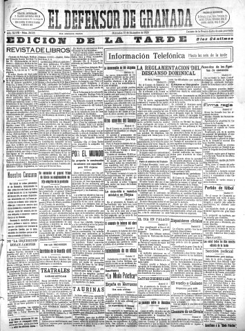 'El Defensor de Granada  : diario político independiente' - Año XLVIII Número 24725 Ed. Tarde - 1926 Diciembre 15