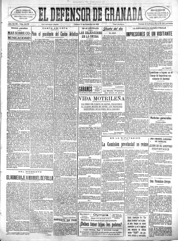 'El Defensor de Granada  : diario político independiente' - Año XLVIII Número 24728 Ed. Mañana - 1926 Diciembre 17
