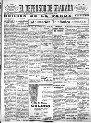 'El Defensor de Granada  : diario político independiente' - Año XLVIII Número 24739 Ed. Tarde - 1926 Diciembre 23