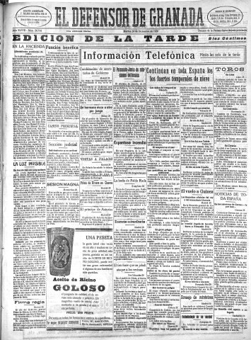 'El Defensor de Granada  : diario político independiente' - Año XLVIII Número 24744 Ed. Tarde - 1926 Diciembre 28