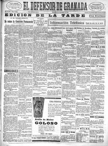 'El Defensor de Granada  : diario político independiente' - Año XLVIII Número 24749 Ed. Tarde - 1926 Diciembre 29