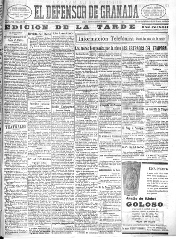'El Defensor de Granada  : diario político independiente' - Año XLVIII Número 24751 Ed. Tarde - 1926 Diciembre 30