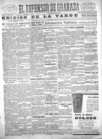 'El Defensor de Granada  : diario político independiente' - Año XLIX Número 24774 Ed. Tarde - 1927 Enero 14