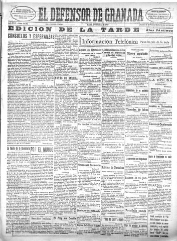 'El Defensor de Granada  : diario político independiente' - Año XLIX Número 24792 Ed. Tarde - 1927 Enero 25