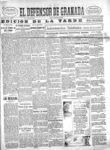 'El Defensor de Granada  : diario político independiente' - Año XLIX Número 24808 Ed. Tarde - 1927 Febrero 03