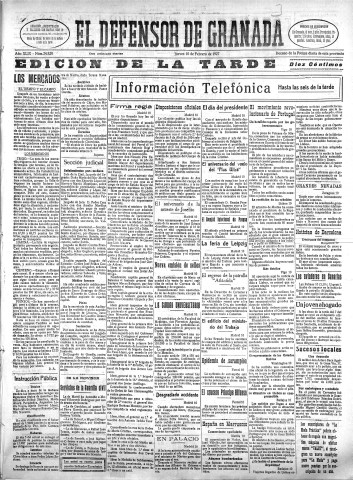 'El Defensor de Granada  : diario político independiente' - Año XLIX Número 24820 Ed. Tarde - 1927 Febrero 10