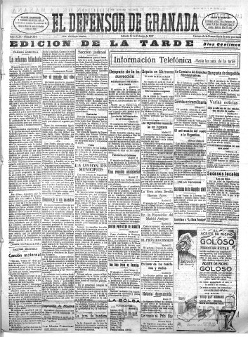 'El Defensor de Granada  : diario político independiente' - Año XLIX Número 24824 Ed. Tarde - 1927 Febrero 12