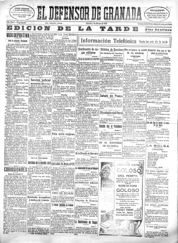 'El Defensor de Granada  : diario político independiente' - Año XLIX Número 24860 Ed. Tarde - 1927 Marzo 05