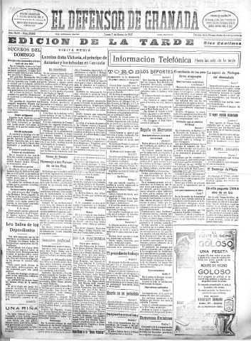 'El Defensor de Granada  : diario político independiente' - Año XLIX Número 24862 Ed. Tarde - 1927 Marzo 07