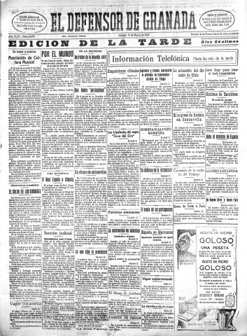 'El Defensor de Granada  : diario político independiente' - Año XLIX Número 24872 Ed. Tarde - 1927 Marzo 12