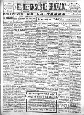 'El Defensor de Granada  : diario político independiente' - Año XLIX Número 24876 Ed. Tarde - 1927 Marzo 15